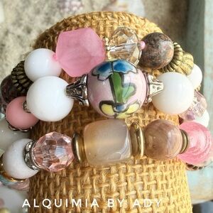 Alquimia Pink White GEMSTONES Gold Beaded Bracelet Stack